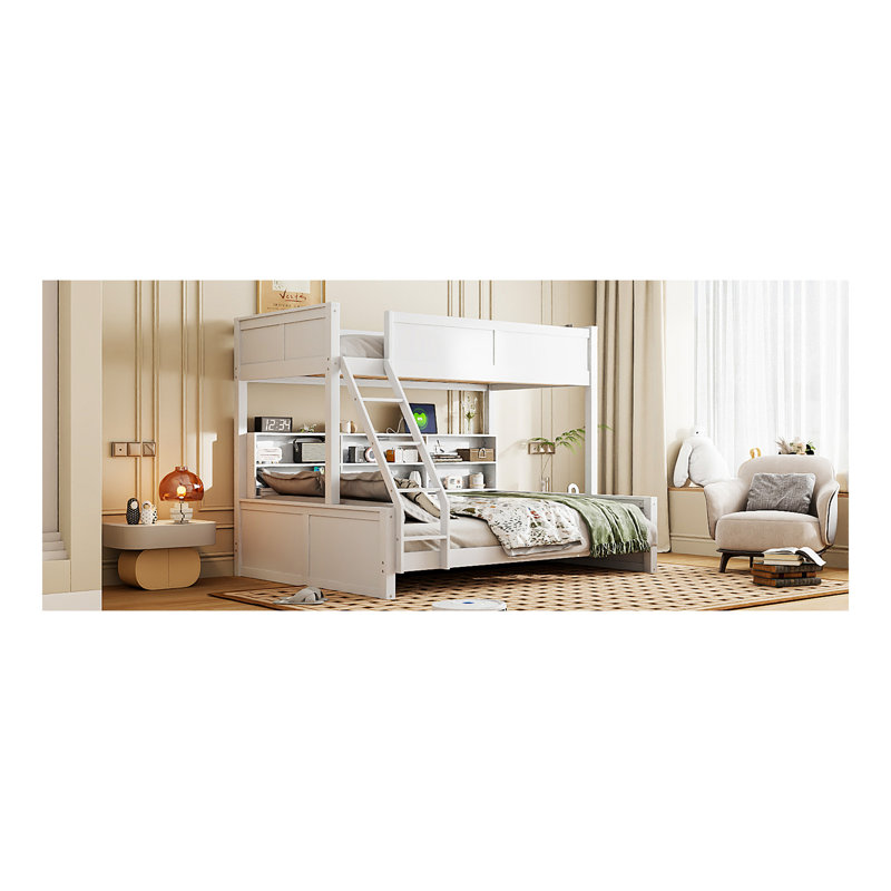 Lit simple superposé au-dessus de grand lit simple avec armoires de rangement et ports USB, blanc antique, Twin