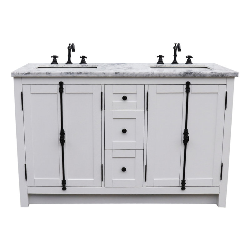 Ensemble de meuble-lavabo double 55 po Keesha, Marbre blanc, Blanc pur, Noir