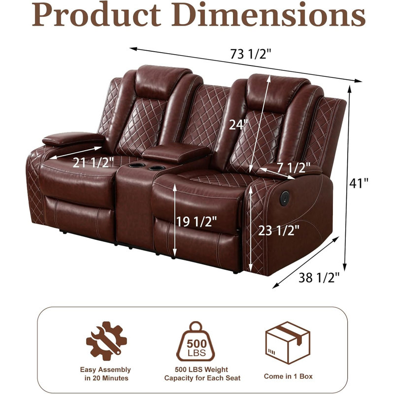 Averl-73" W Breathable Leather Dual Motor Power Reclining Loveseat Sofa With Storage Armrest And Blue LED Lights