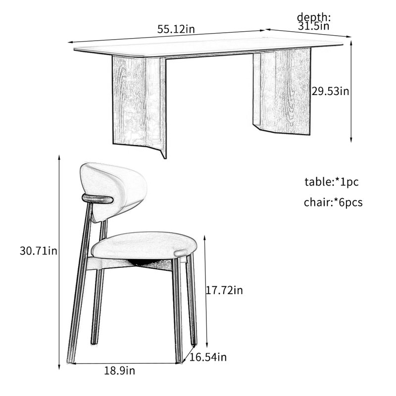 Table de salle à manger Rock-dalle avec chaises en chêne massif., H 29,53 po x L 55,12 po x l 31,5 po
