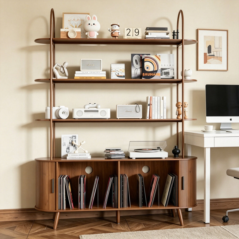 Tall Large Vinyl Record Player Stand, Fluted Long Record Storage Cabinet with Sliding Doors, 4 Tier Media Display Shelf for Living Room