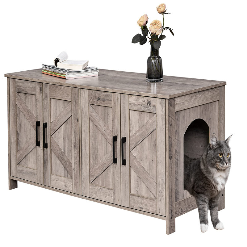 Greige Wooden Dual Room Cat Litter Box Enclosure