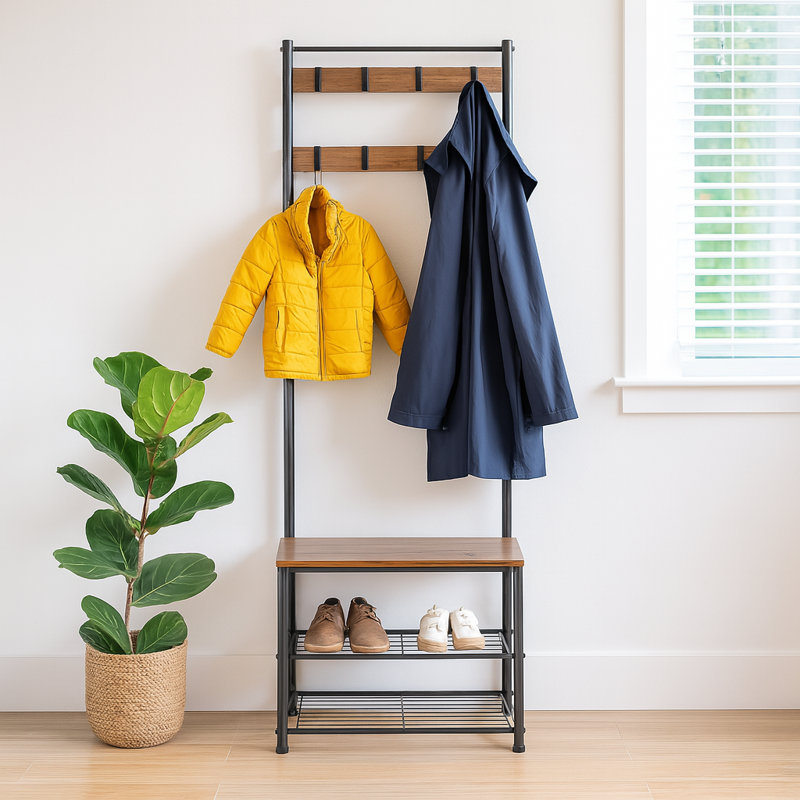 Square Steel Coat Rack with Shoe Storage Bench, Brown