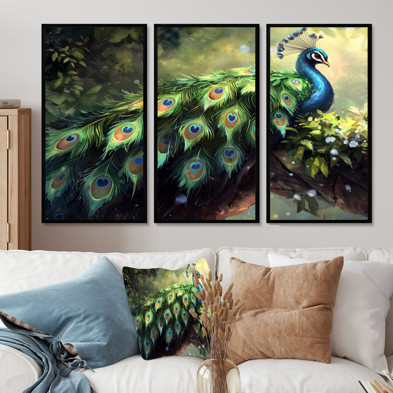 «Royal Peacock Feather Show I», art mural encadré paon - ensemble de 3, Noir, Impression encadrée sans passe-partout