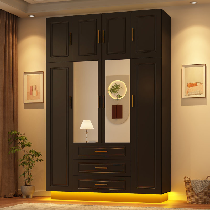 4 Door LED Armoire Wardrobe Closet With Mirror, 90.6'' Wardrobe Armoire With 3 Drawers, Hanging Rod & Cabinet For Bedroom