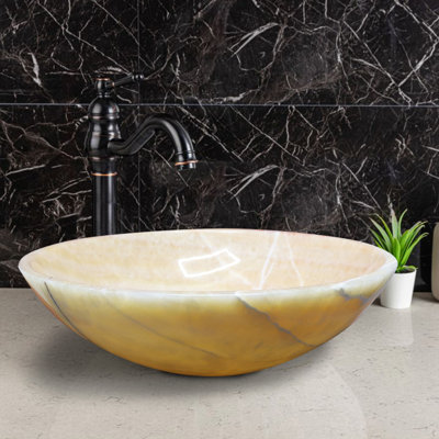 Lavabo de salle de bain rond en onyx fait à la main, vasque ronde 17 po