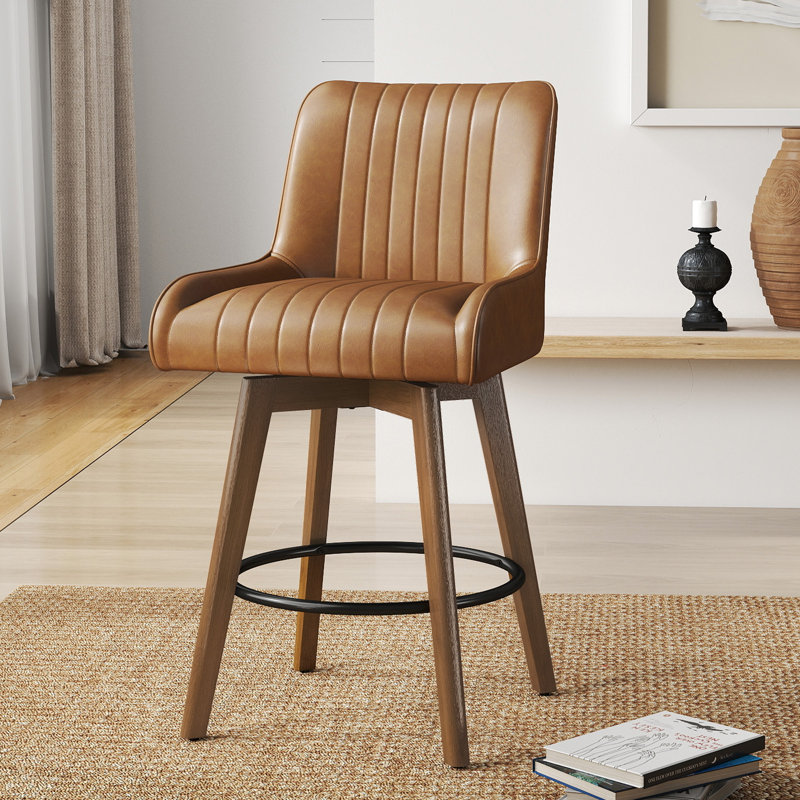 Tabouret de bar pivotant extra large à 360 ° avec siège à ressorts ensachés et base en bois massif, Brun