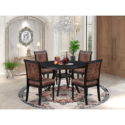 Ensemble de table de cuisine 5 pièces avec 4 chaises de cuisine en polyester texturé brun, haut dossier et une table de salle à manger ronde au fini noir sablé.