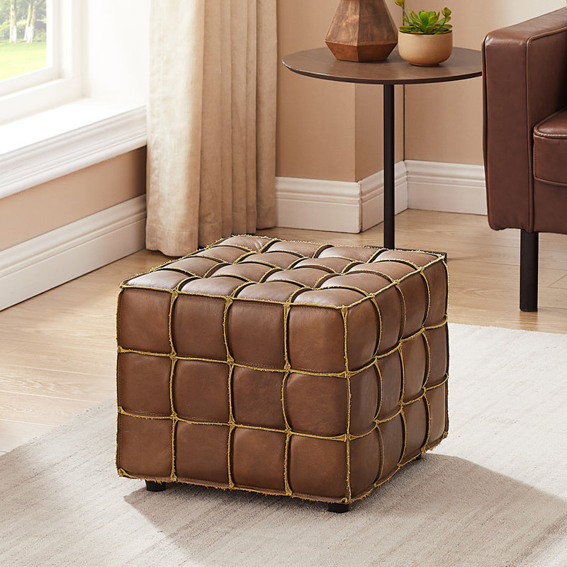 Laryn Genuine Leather Square Pouf Ottoman, Cognac