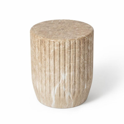 Outdoor Carved Side Table with Solid Pedestal Base and Half-Sphere Tabletop, Lightweight Concrete Multi-Functional End Table