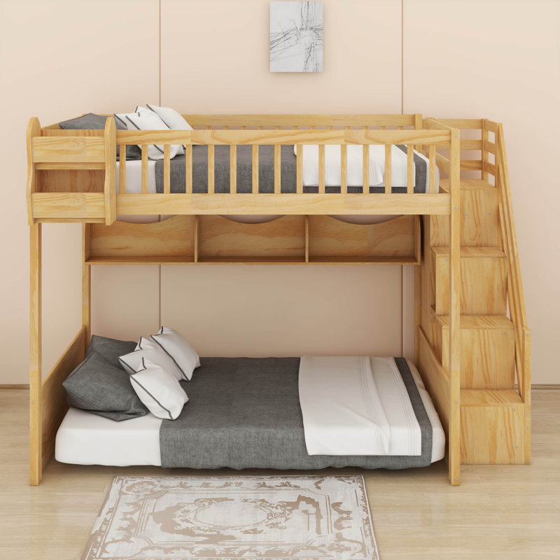 Queen Size Wooden Loft Bed With Staircase And Wardrobe,Storage Shelves And Under-Bed Space, Natural