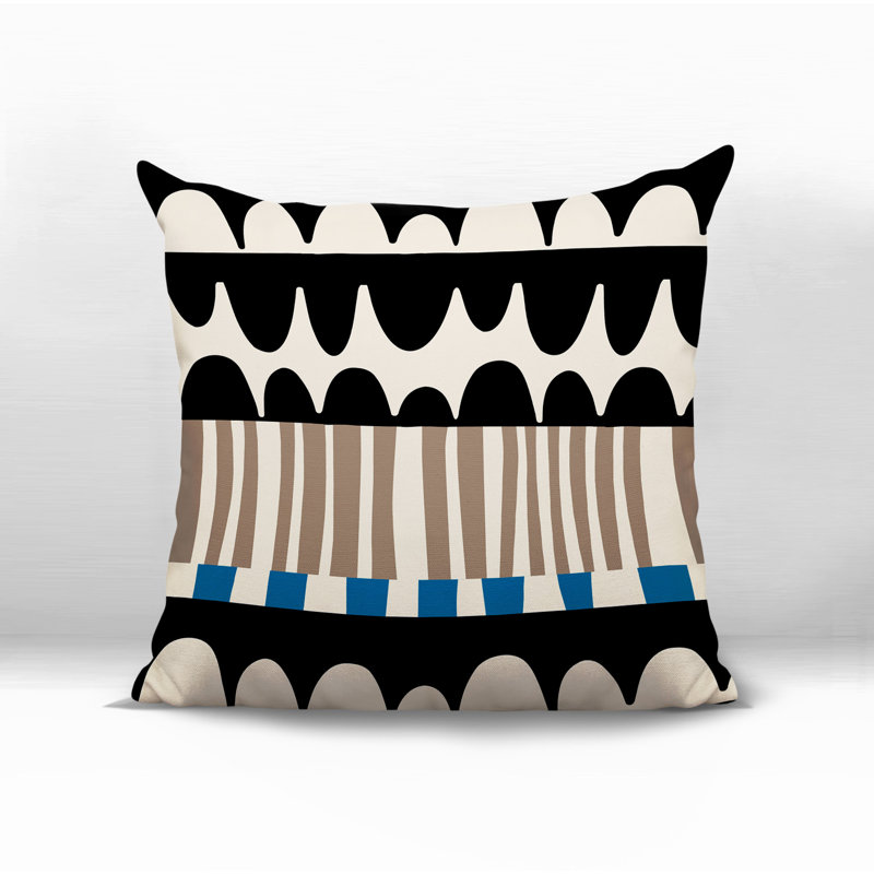 Coussin carré intérieur / extérieur Rami, Turquoise / noir / blanc cassé abstrait, H 15 po x l 15 po