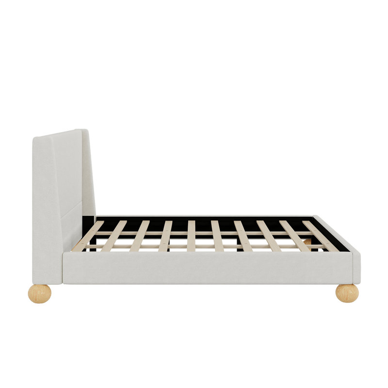 Lit plateforme tapissier moderne avec tête de lit à oreilles et pieds ronds Modern Boucle, Beige, Très grand