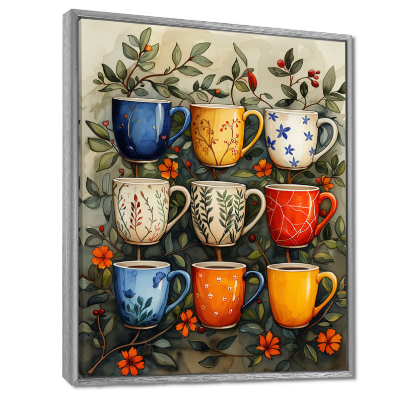 Tasse de café rouge et bleu Boho Morning - décor mural café, Encadrement argenté, H 16 po x l 32 po