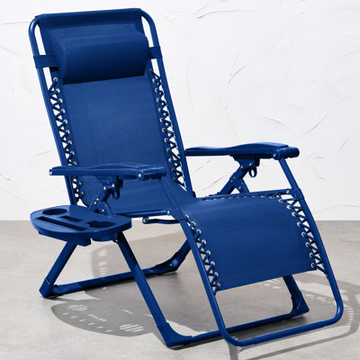 Monochromatic Zero Gravity Chair, Folding Patio Recliner W/Side Tray, Headrest - Marine by Arlmont & Co.