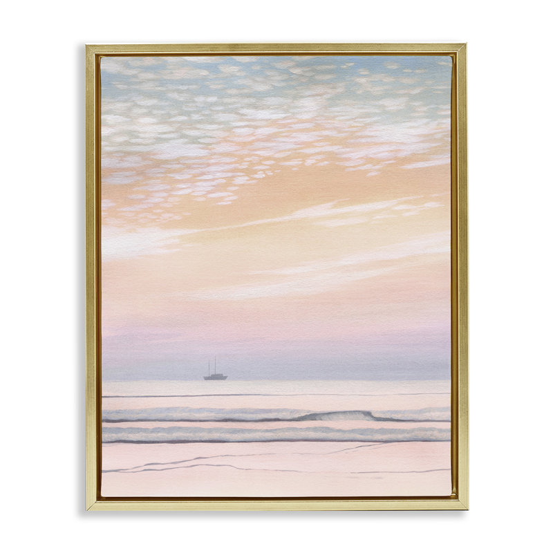 «Orange Sunrise & Boat», art mural encadré par William Penhallow Henderson, Cadre flottant métallique doré, H 31 po x l 25 po
