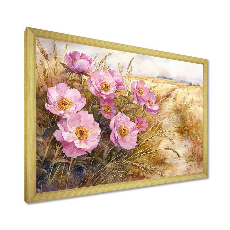 Pivoines le long de la route de campagne I - Impressions encadrées de pivoines, H 34 po x l 44 po, Cadre flottant, Doré