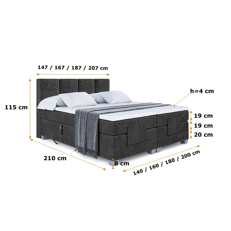 Granita Pocket Spring Mattress Divan Bed Base, Black, 200cm x 200cm