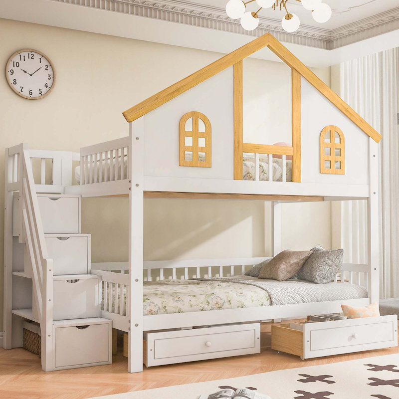 Lit superposé sur le toit en bois avec tiroirs de rangement pour porte de fenêtre et escalier pour enfants, Full