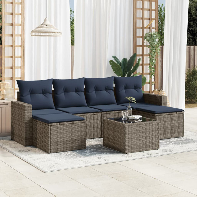 Ensemble de canapé de patio 7 pièces avec coussins en rotin de polyester, Marine, Gris