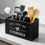 Porte-ustensiles en bois noir pour comptoir, style campagnard, avec 3 compartiments, organisateur rustique pour couverts, spatules, cuillères, fourchettes et ustensiles de cuisine.