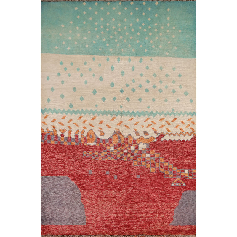 Tapis unique en laine noué à la main 4 pi 11 po x 6 pi 9 po nouvel âge en rouge / crème / vert