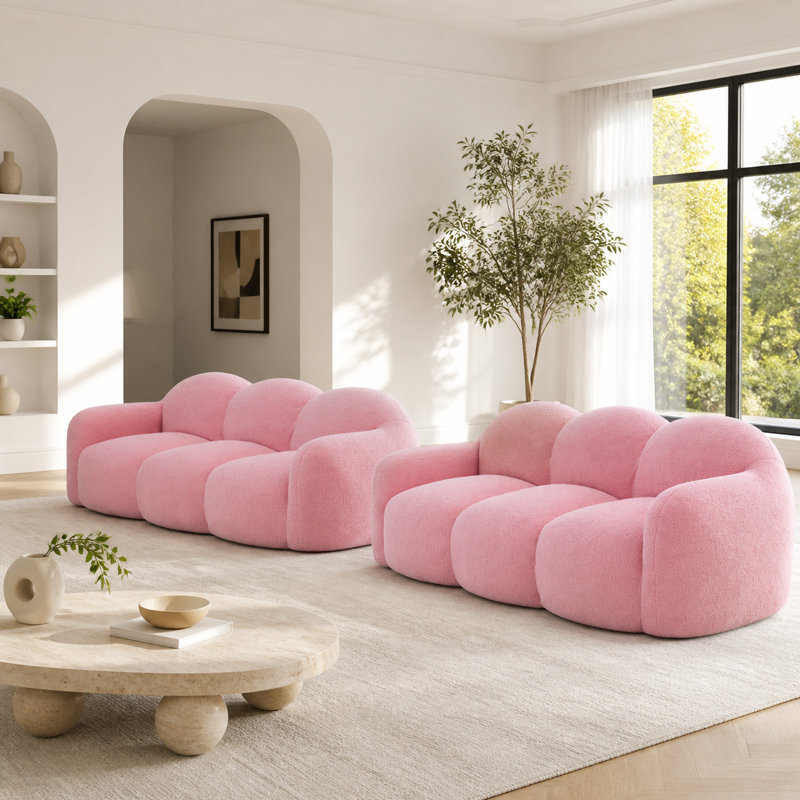 Canapé en nuage 2 pièces avec accoudoirs intégrés, ensemble de canapé en peluche 3 places en peluche, sans assemblage, Pink