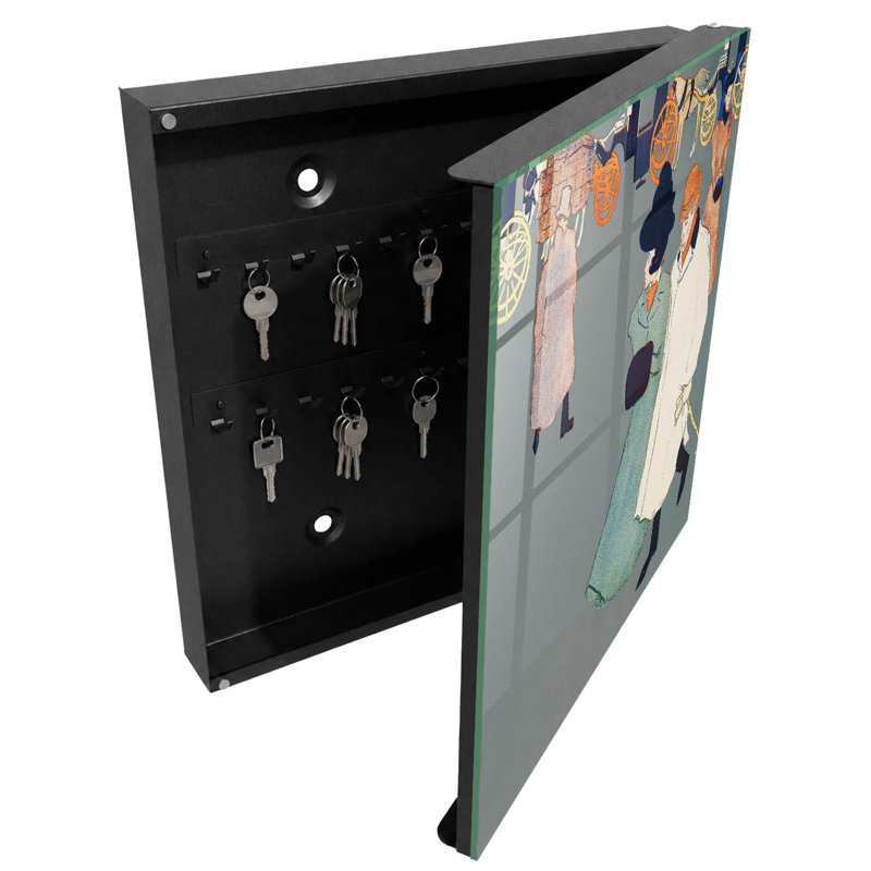 Key storage box, Opens to the left, 30x30x5, White, Stylized figures on a city street, 