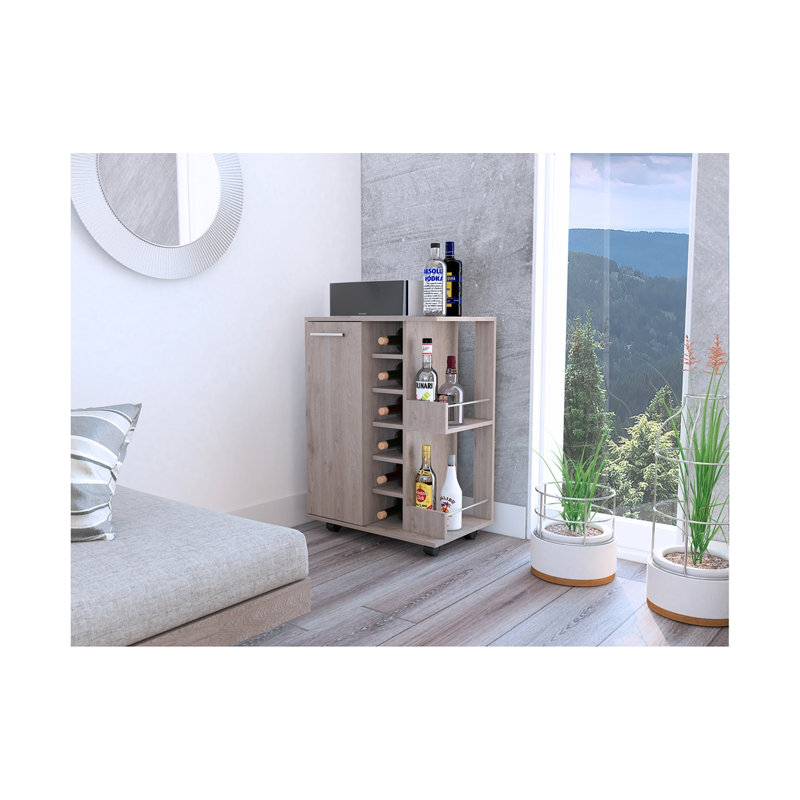 Chariot-bar avec armoire, support à vin et roulettes verrouillables, Gris clair