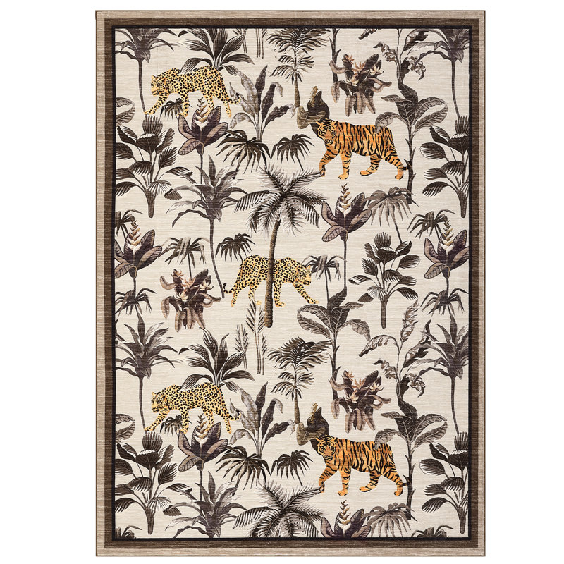 Tiger Area Rug for Living Room, Machine Washable Non-Slip Low Pile Rug, Botanical Jungle Animal Print Rug, Stain-Resistant Soft Foldable Floor Covering