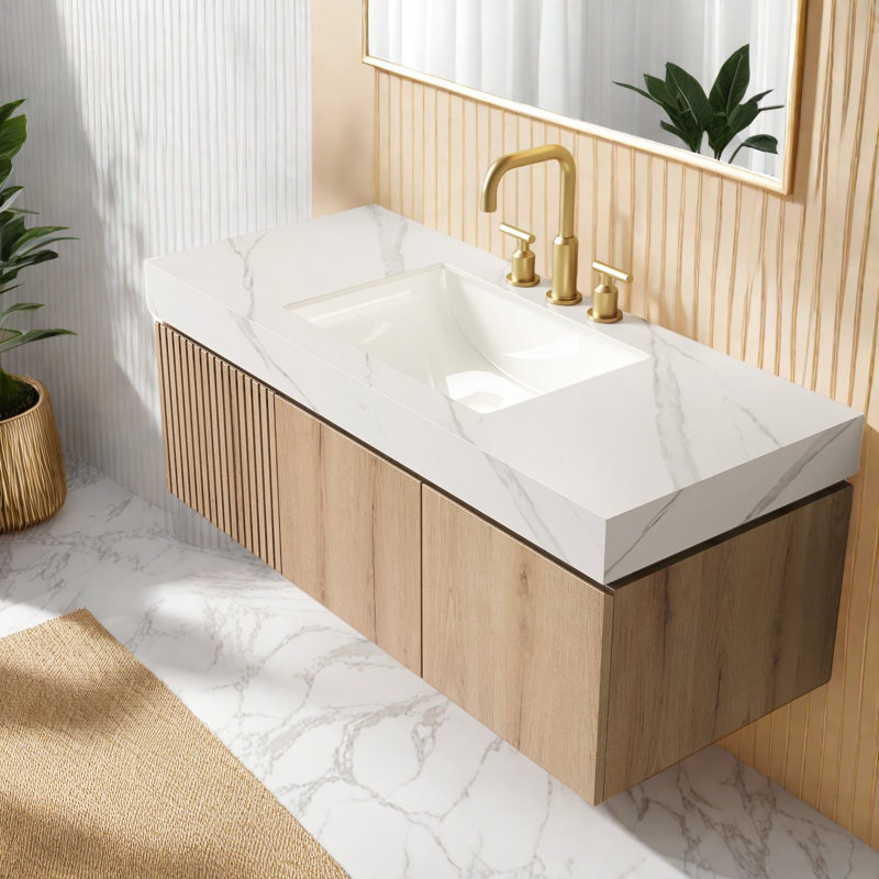 Meuble-lavabo moderne: meuble-lavabo et lavabo en chêne blanc de 48 po avec pierre de Carrare