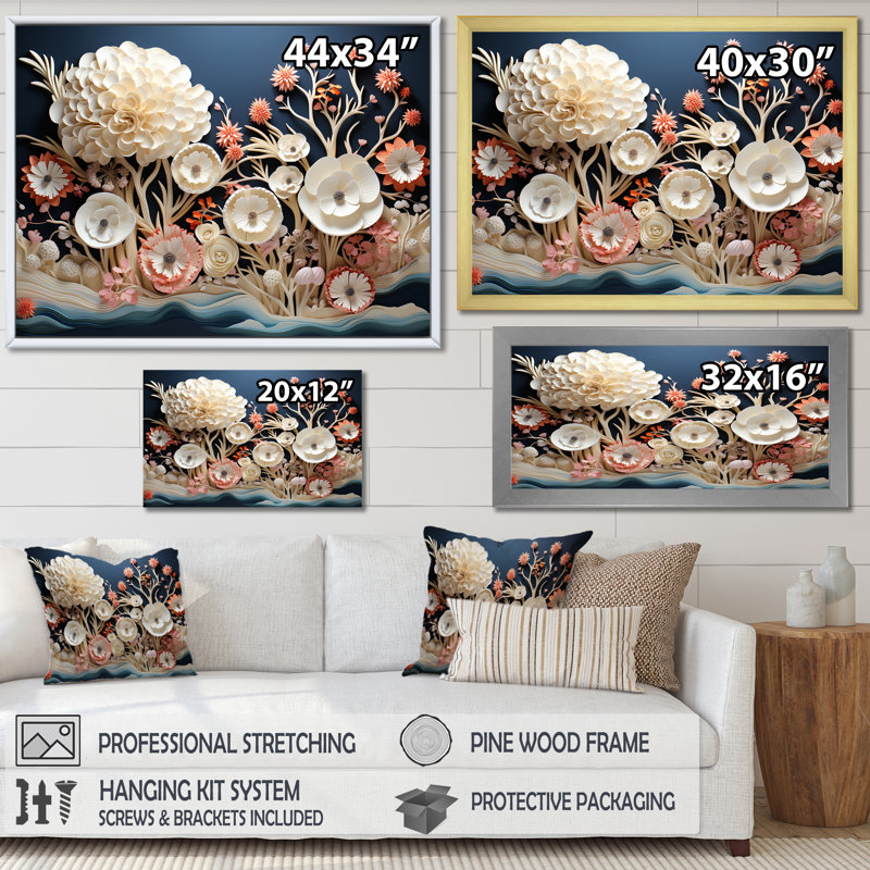 Fleurs de corail sur toile, Cadre flottant noir, 34" H x 44" W