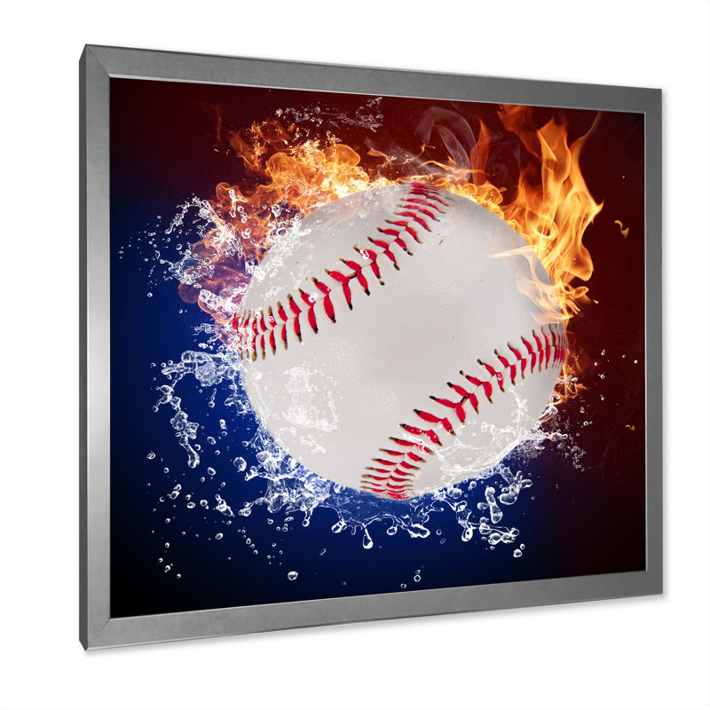 Baseball Ball In Fire Flames - on, Impression argent sur toile encadrée, H 36 po x l 36 po x P 1,5 po
