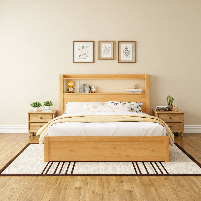 Lit double avec tiroirs, lit double en bois avec tête de rangement et armoire de rangement escamotable, lit en bois avec lumière et douille, naturel
