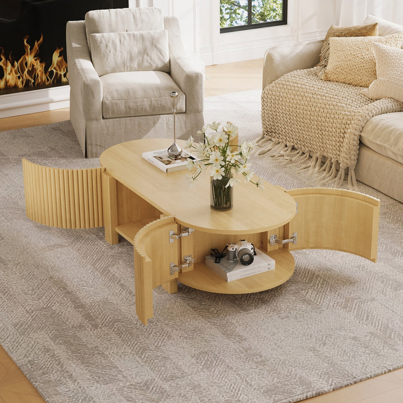 Table basse ovale en caoutchouc et bois cannelé avec rangement, Naturel
