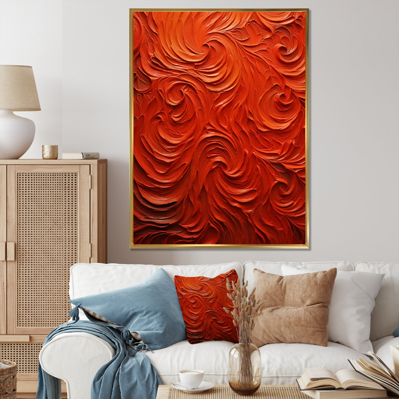Volcanic Red Fusion Vector 1 - Tachisme, art mural, Cadre flottant doré, H 20 po x l 12 po x P 1 po