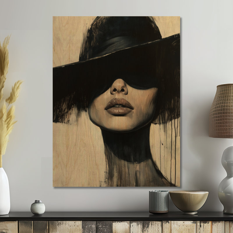 Sous le chapeau noir II - Portrait de femme - Impression décorative en bois, H 40 po x l 30 po