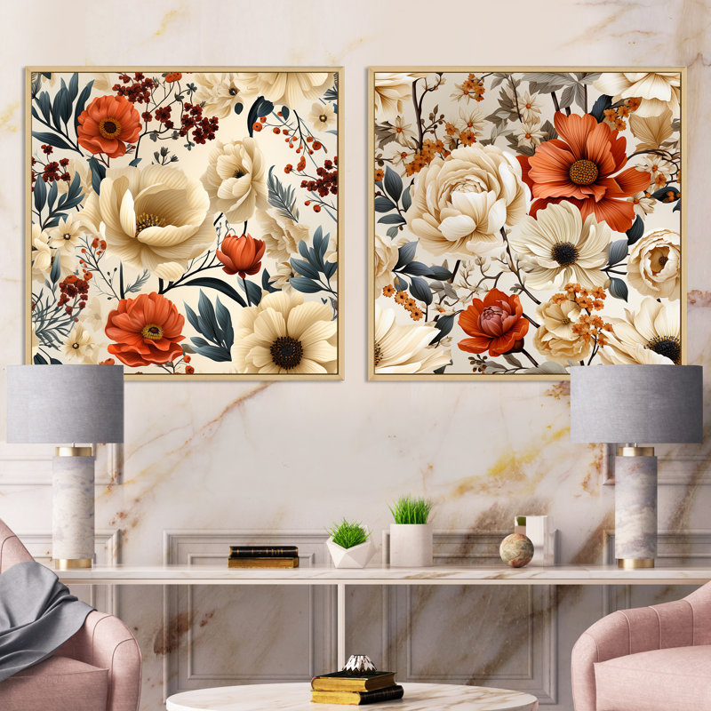 Bellête - Ensemble de 2 collages carrés floraux, Cadre flottant brun, H 30 po x l 61 po