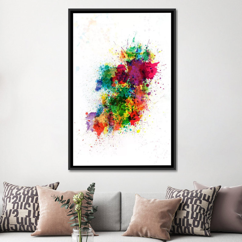 Michael Tompsett "Ireland Map Paint Splashes" Painting Print on Canvas, Black Framed Canvas, 26" H x 18" W x 1.5" D, No Mat
