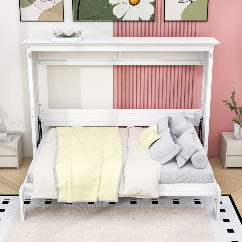 Lit escamotable double en bois avec lattes, Blanc
