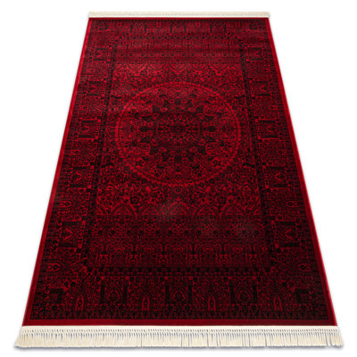 Luca 6039 – Elegant Lucaal rug with fringes in burgundy & black – Classic rug with frame & rosette pattern