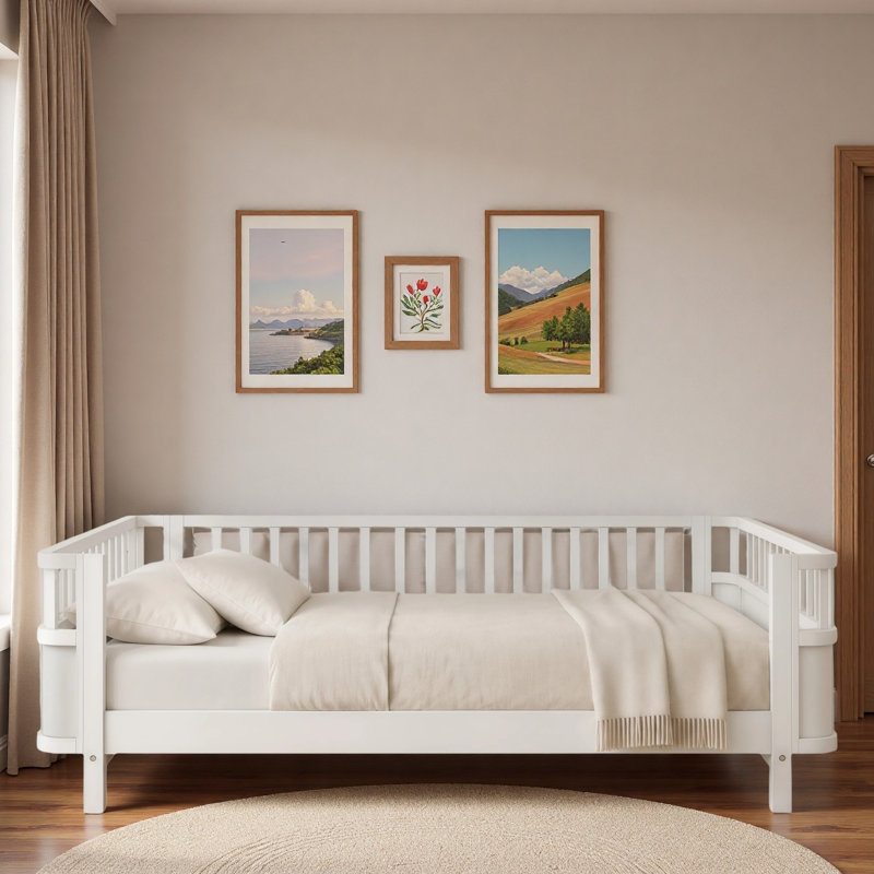 Lit pour enfant à profil bas avec coin arrondi lisse et support en lattes de bois, Lit double, Blanc