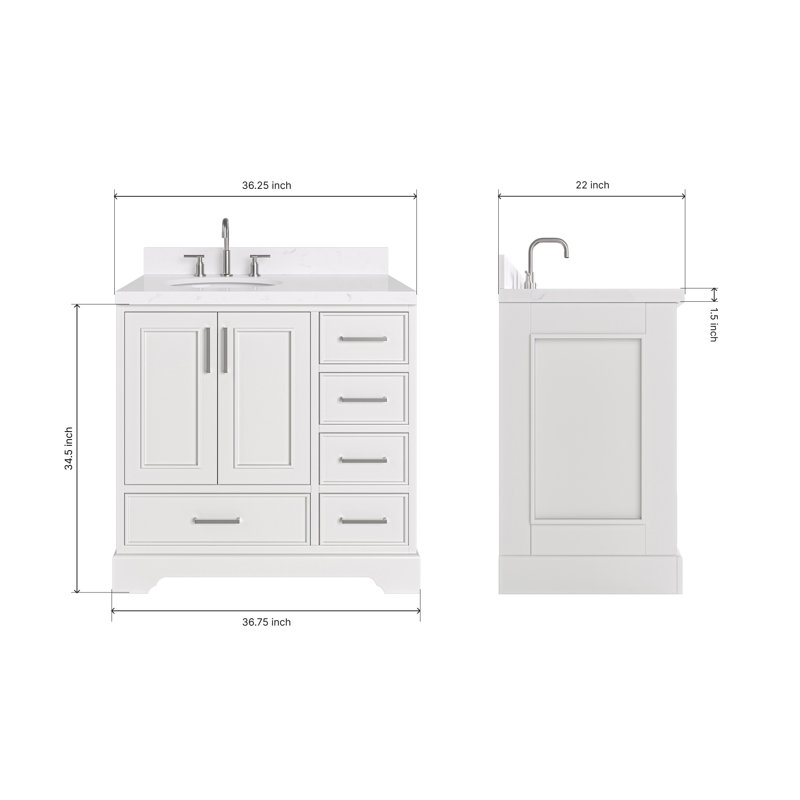 Ensemble de meuble-lavabo simple 36,25 po avec plateau en quartz Abshire, Blanc