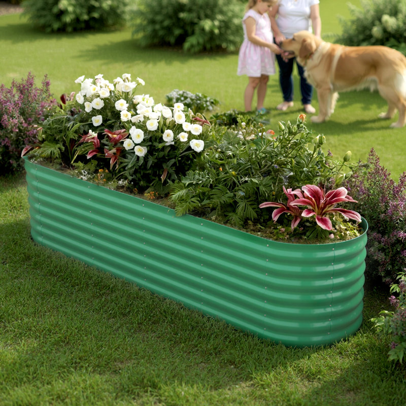 Galvanized Metal Oval Raised Garden Bed - Planter Box for Vegetables and Flowers, 5.91" H x 94.5" W x 23.23" D, Green