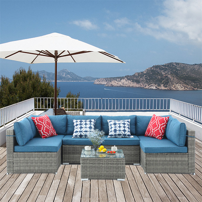 Ensemble de conversation pour 6 personnes avec coussins, Bleu, gris