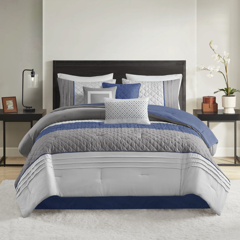 Jenson Blue Color Block Stripe 7-Piece Cal King Comforter Set with Throw Pillows, Blue