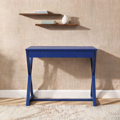 Rectangular Writing Desk with Drawer, Rich Blue Finish, X-Base, 42 Wide, Modern Home Office