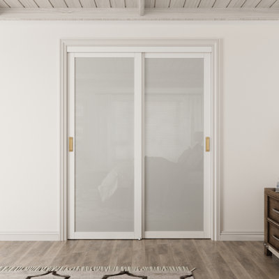 Porte de garde-manger coulissante 60 po x 80 po en verre trempé givré blanc 60 po x H 80 po avec quincaillerie poignée dorée
