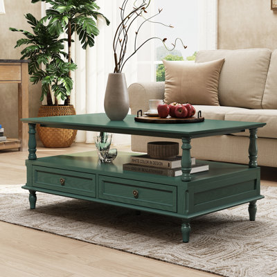 Table basse avec pieds en bois massif, tiroirs de rangement et tablette ouverte (assemblage minimal requis)
