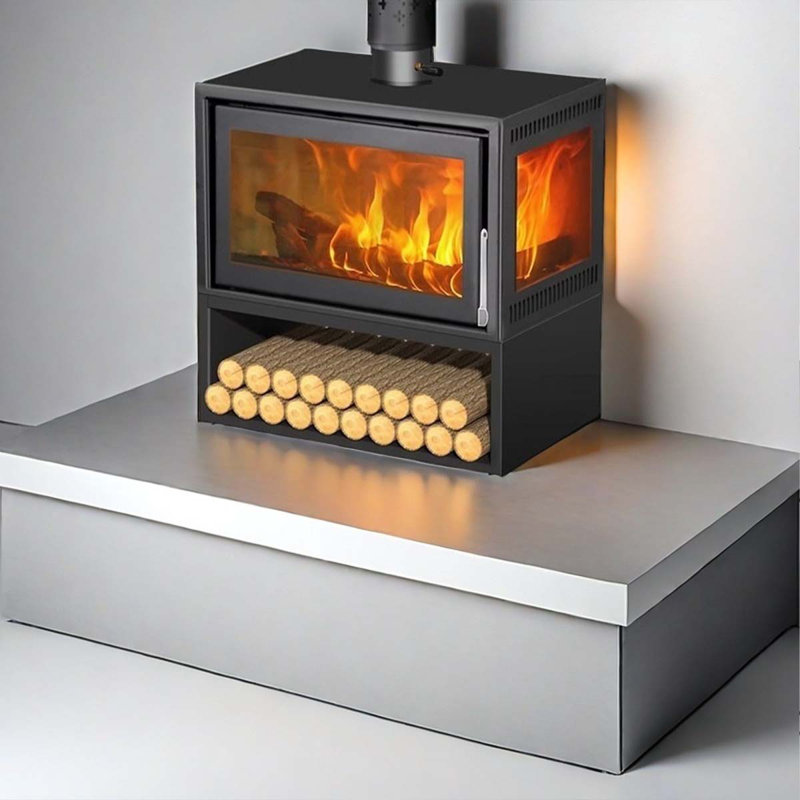 Metal heated wood burning fireplace